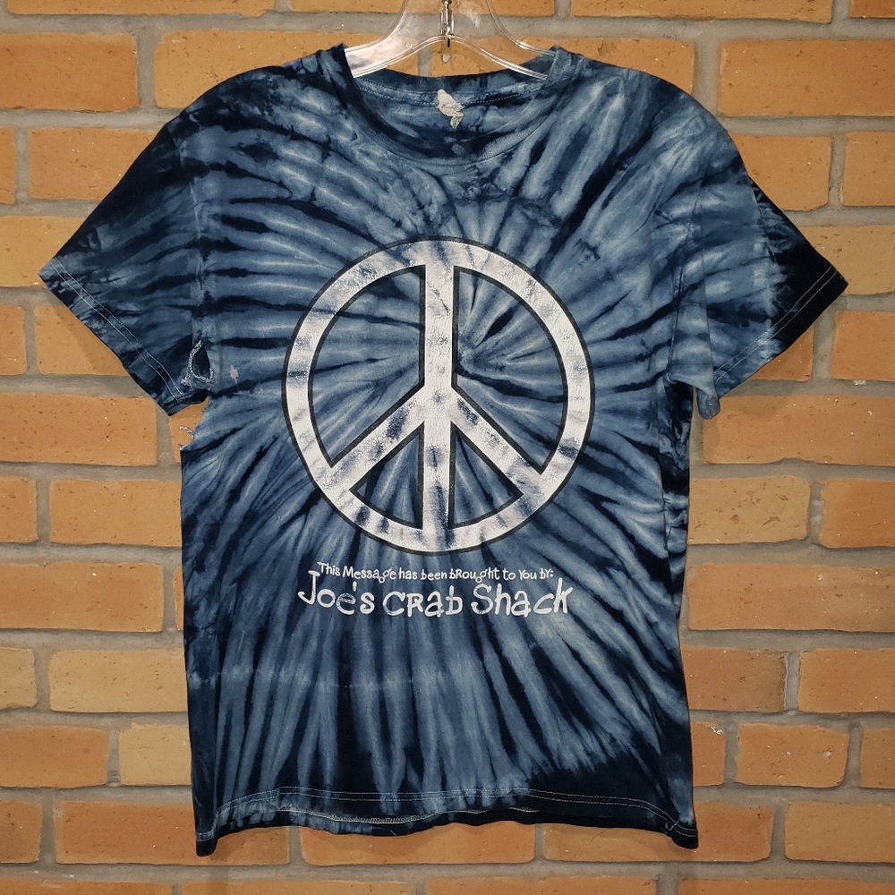 (M) Vintage Joe's Crab Shack PEACE LOVE & CRABS Blue Tie Dye Peace Sign T-Shirt